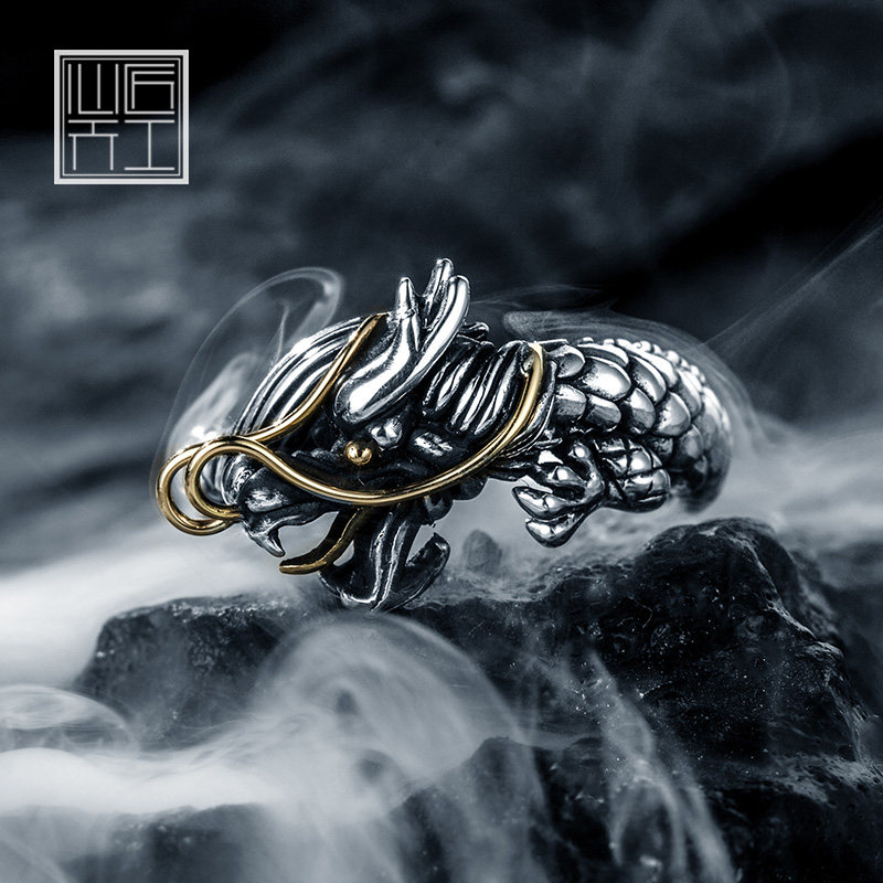 戒指 男士 霸气 单身 复古_心匠天工925银男纯银戒指开口神龙单身食指