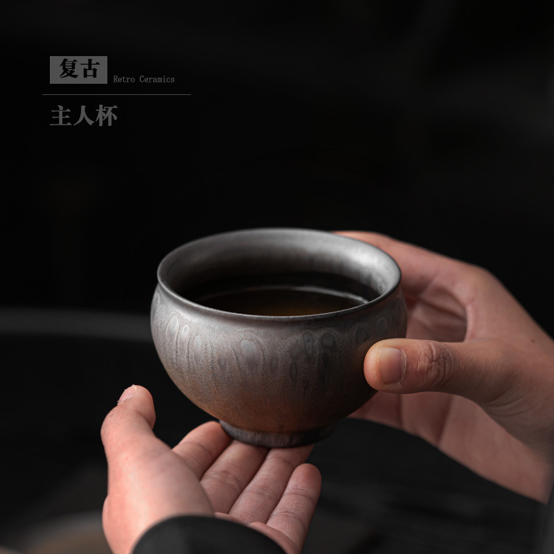 皆茶事粗陶茶杯主人杯鎏金窑变品茗杯陶瓷复古大号茶碗茶建盏茶具