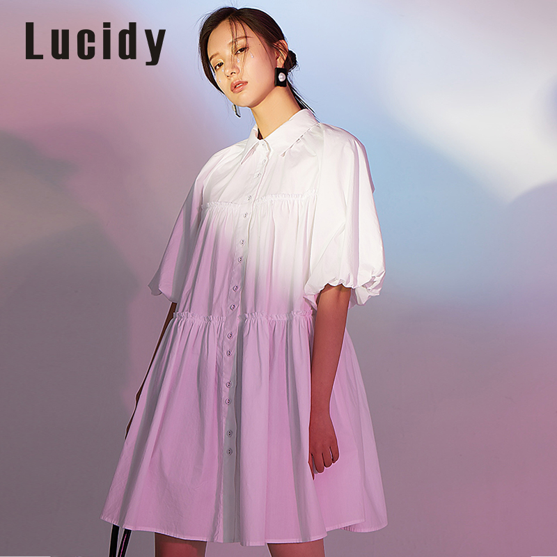 lucidy鲁思蒂24夏新款短袖连衣裙女时尚百搭通勤泡泡袖套头娃娃裙