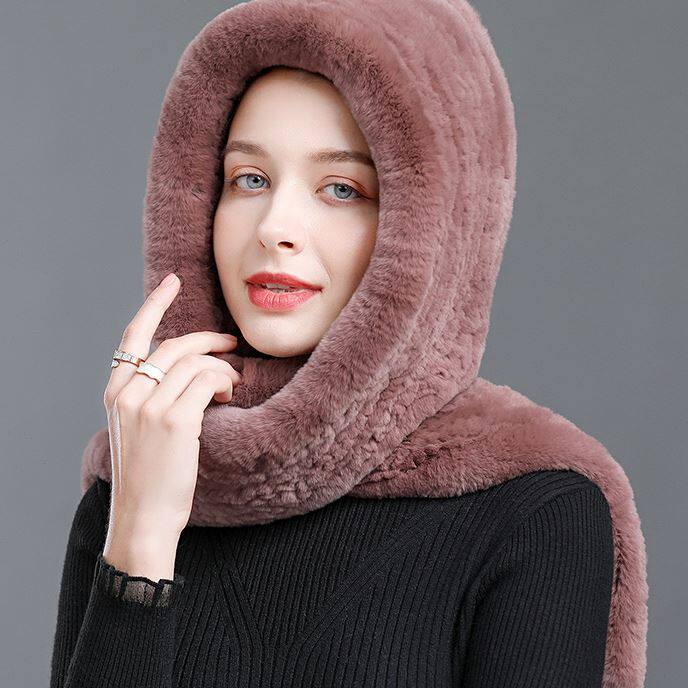 獭兔毛帽子围巾连一体女防寒护耳风雪帽冬季保暖皮草帽子围脖护颈