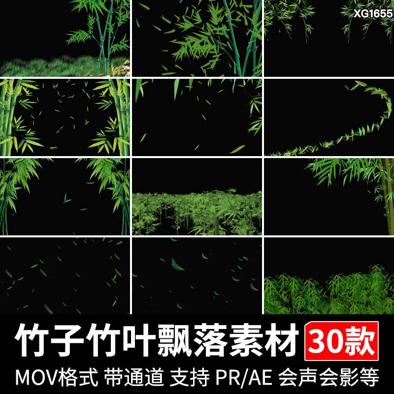 绿色竹叶飘落竹林竹叶树叶绿叶竹子pr/ae透明通道mov合成视频素材