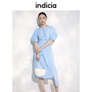 indicia蓝色格子显瘦连衣裙天丝夏季商场同款标记女装5B306LQ244