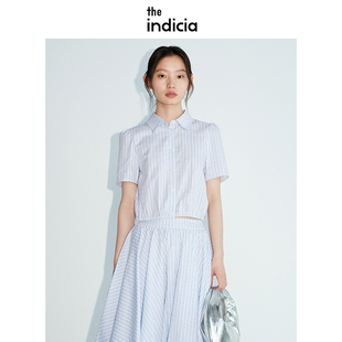 indicia标记夏季新款女装蓝色条纹衬衫短款休闲衬衣短袖上衣女