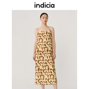 indicia棕色印花吊带连衣裙长裙2023秋季商场同款标记专柜女装