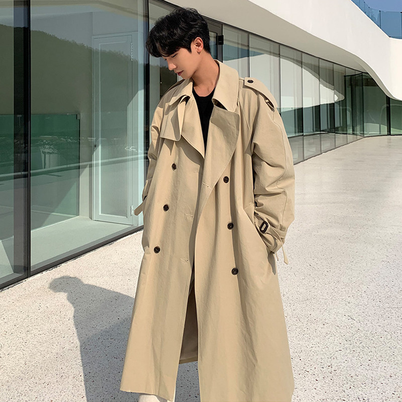 韩逐男装春季新款风衣男韩版超长款宽松外套青年潮流帅气男士大衣