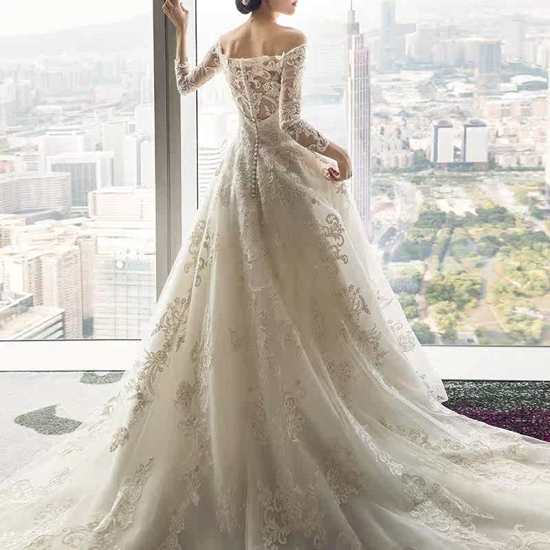 2019法式结婚肩新娘轻婚纱礼服森系新款一字孕妇长袖拖尾女遮孕肚在类目 女装/女士精品, 婚纱/旗袍/礼服, 婚纱中 - 来自Buy2taobao.com提供专业的淘宝代购服务