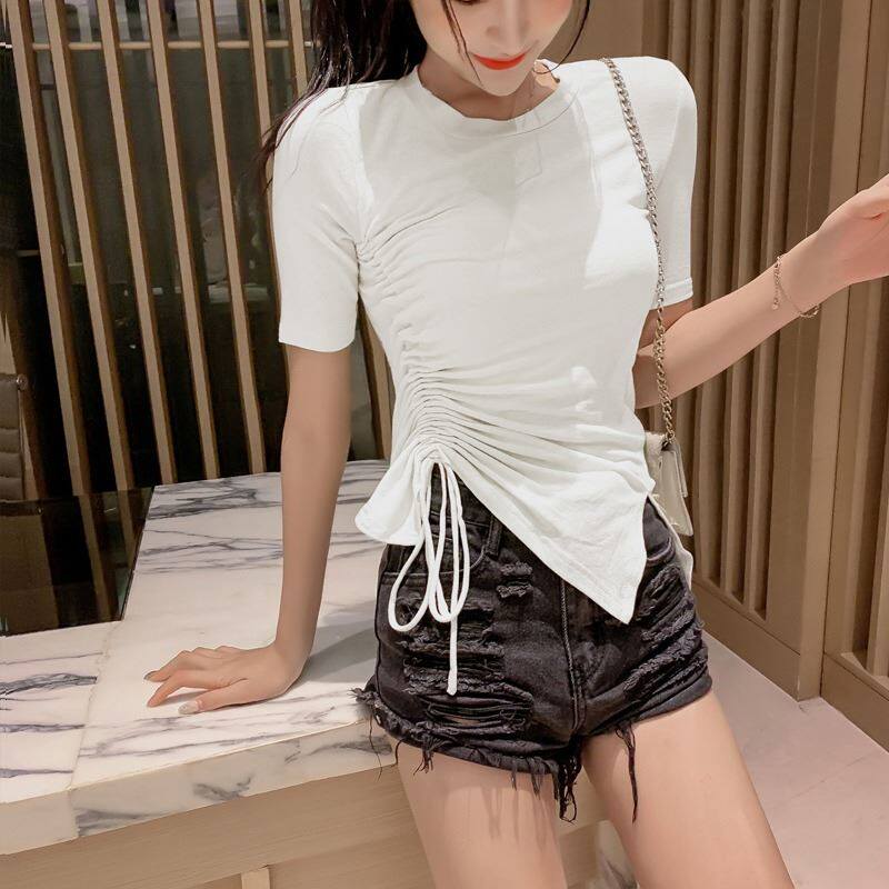 白色短袖t恤女2021夏季新款韩版修身显瘦抽绳褶皱紧身不规则上衣