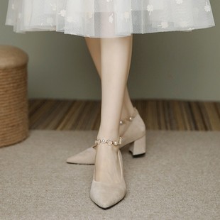 一字带高跟鞋女2024年夏季新款设计感气质珍珠配裙子粗跟中跟单鞋