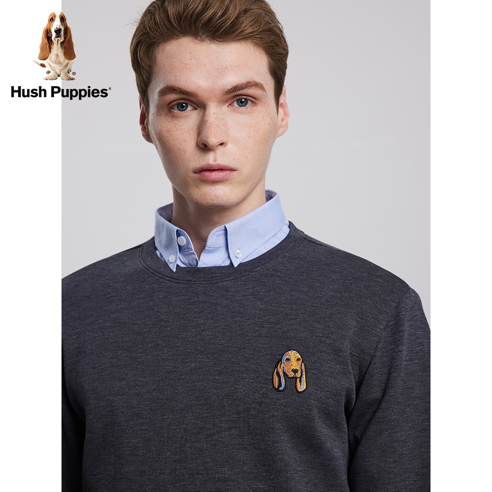 hush puppies暇步士男装2021秋新纯色刺绣圆领长袖t恤|pc-21521d