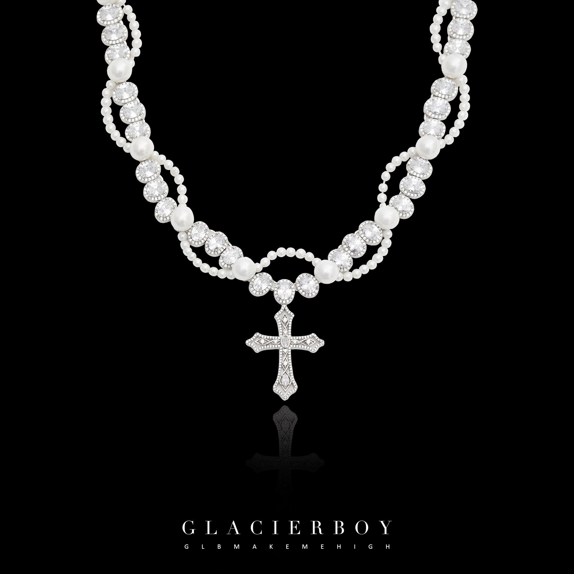 glacierboy新款嘻哈街头风美式原创设计珍珠冰糖十字架项链男女