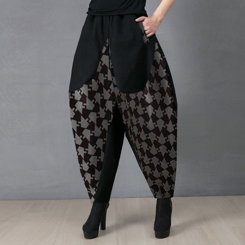 大码毛呢哈伦裤秋季新款灯笼裤女款拼接高腰宽松休闲裤垮裤