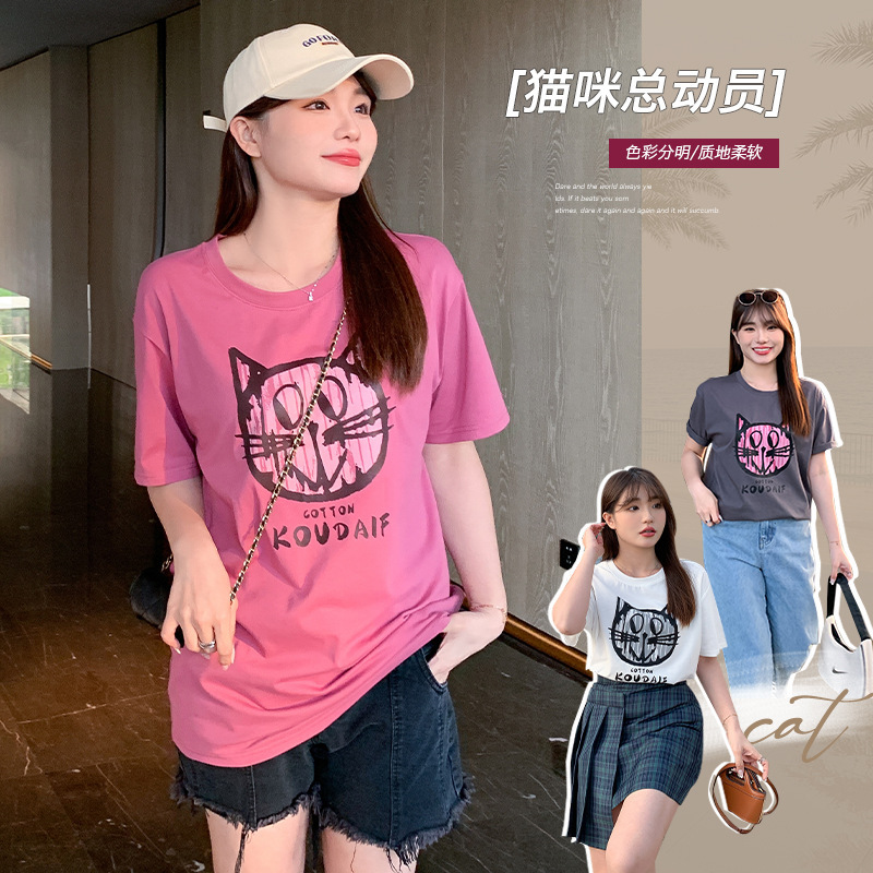 夏季新款胖mm大码女装韩版可爱布偶猫印花设计感小众宽松T恤62425