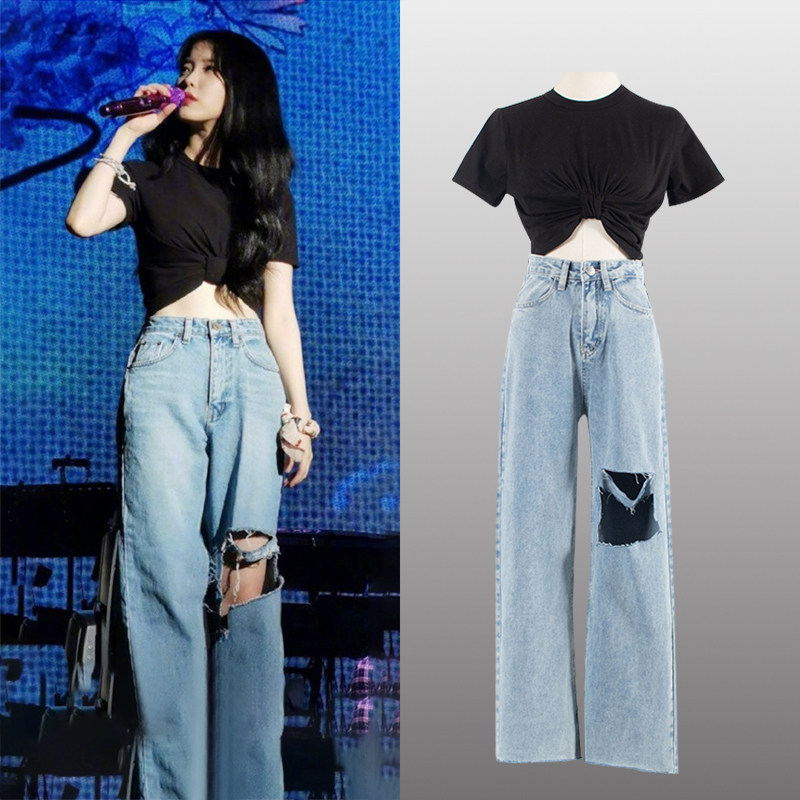 iu李知恩同款露脐短款上衣服打结设计感小众短袖t恤女破洞牛仔裤