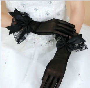手套一次性新娘黑色纱网蝴蝶结手套礼服旗袍包指蕾丝花边结婚