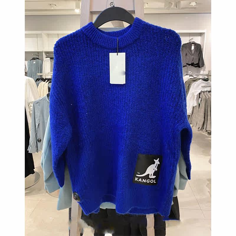 hm女装毛衣蓝色_hm&zr女装kangol联名袋鼠慵懒风宝蓝色宽松羊毛混纺