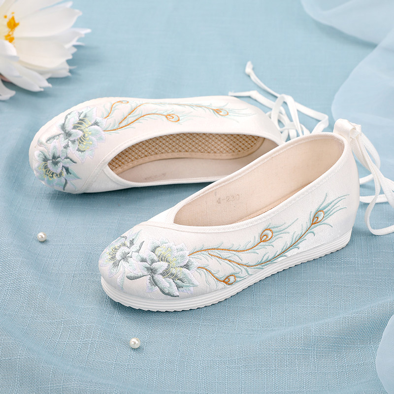 楼兰汉服鞋子女古风高跟绣花鞋珍珠翘头履增高弓鞋坡跟唐风古装鞋