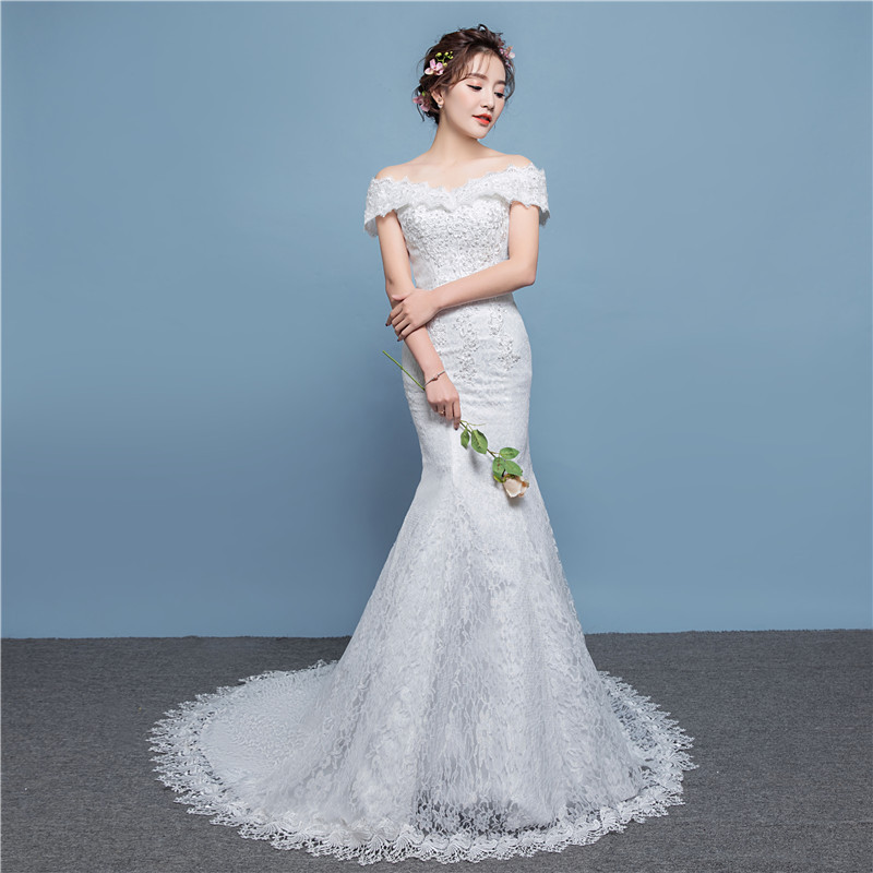 一字肩婚纱礼服2018新款新娘结婚修身显瘦收腰鱼尾婚纱小拖尾 D21在类目 女装/女士精品, 婚纱/旗袍/礼服, 婚纱中 - 来自Buy2taobao.com提供专业的淘宝代购服务