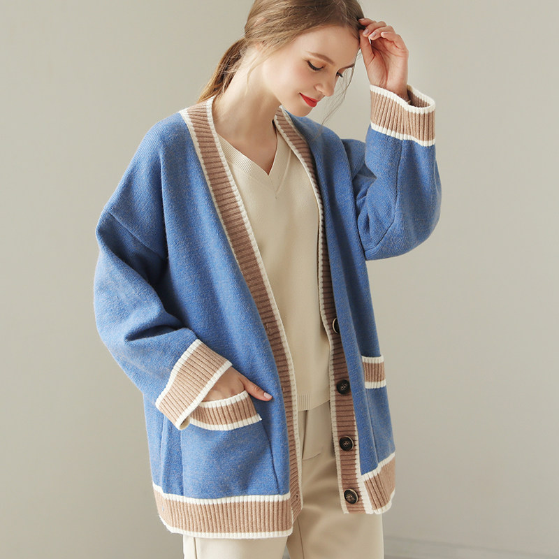 开衫外套女针织秋冬2020新款时尚拼色v领毛衣外套女宽松慵懒上衣