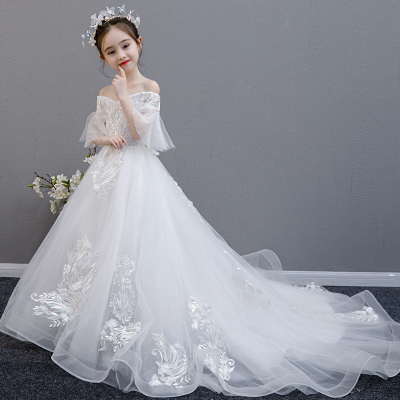 节日女童礼服裙模特走秀拖尾演出服儿童婚纱公主裙高端白色花童晚