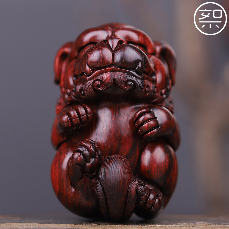 絮旧瑞狮手把件印度小叶紫檀雕刻小件红木文玩把玩物件手玩把件