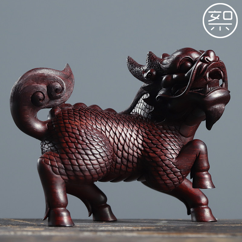 絮旧麒麟摆件印度小叶紫檀木雕工艺品湘工手工雕刻小件中式复古