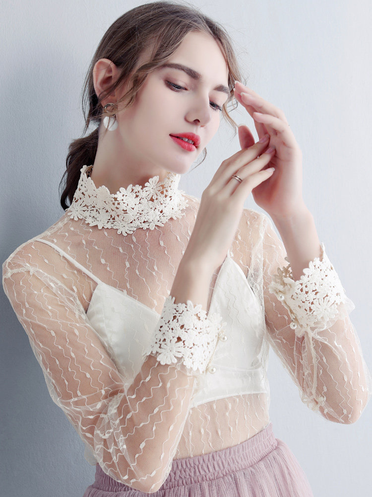 透明高领蕾丝打底衫女2022春秋款洋气花瓣领长袖内搭纱衣网纱上衣