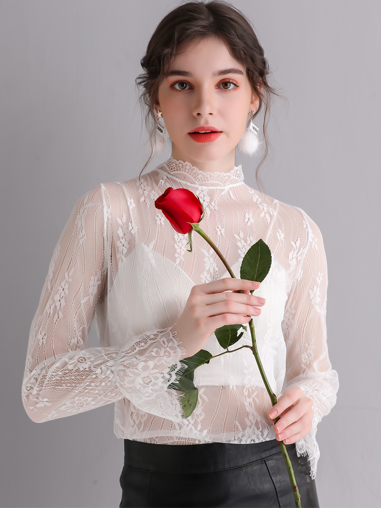 透明蕾丝打底衫女长袖纱衣性感内搭高品质镂空内衬喇叭袖网纱上衣