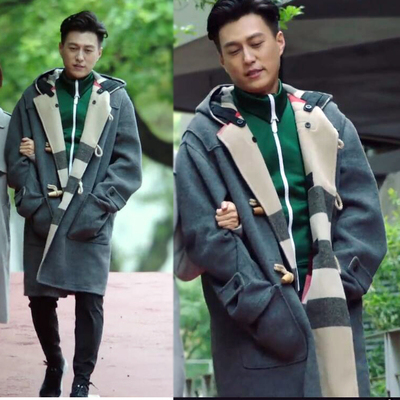 我的前半生靳东贺涵同款牛角扣大衣情侣连帽毛呢中长款风衣外套男