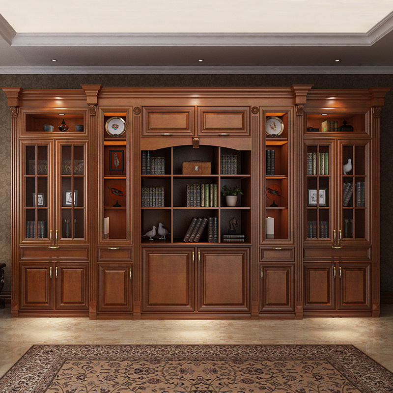 全实木书柜定制欧式整墙美式书架组合北美进口原木落地书橱客厅