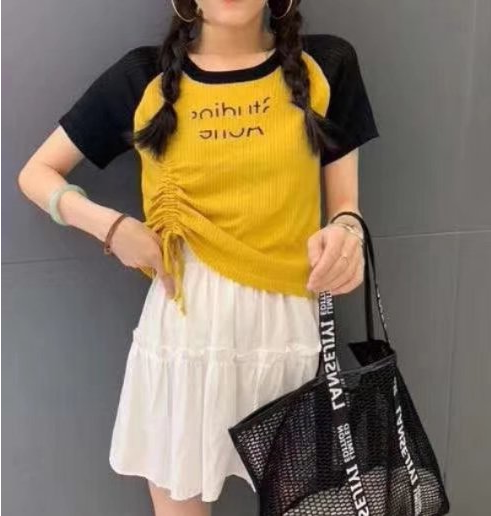 薄款冰丝针织上衣女2019夏新款时尚拼色字母侧抽绳修身圆领短袖在类目 女装/女士精品, 毛针织衫中 - 来自Buy2taobao.com提供专业的淘宝代购服务