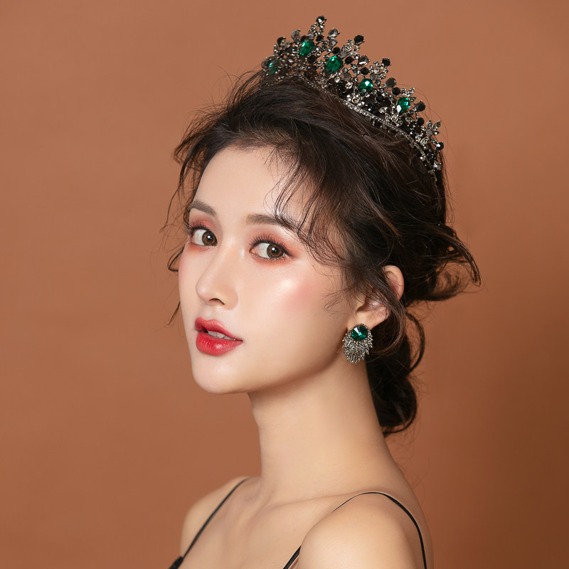 绿色巴洛克藏青皇冠两件套新娘头饰生日成年人女王冠晚礼服配饰优惠券