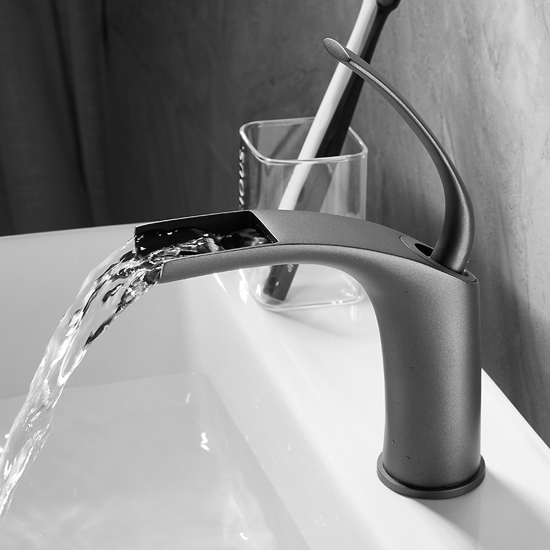 灰色瀑布水龙头全铜冷热面盆龙头浴室柜卫生间洗脸盆家用卫浴龙头
