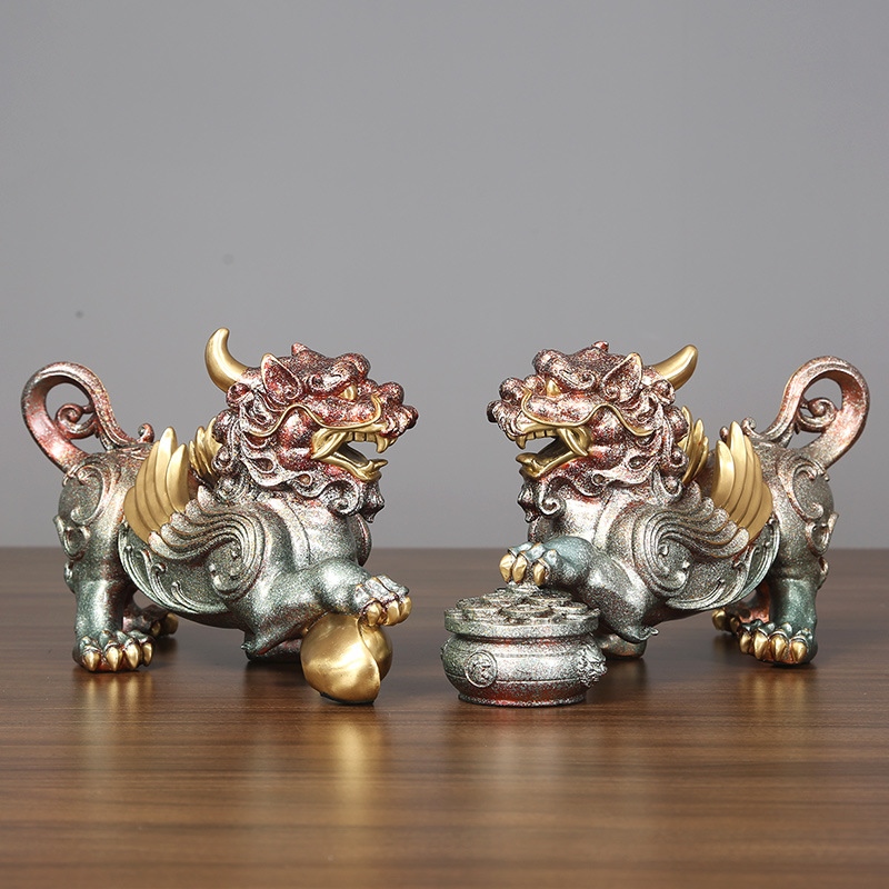 新中式彩绘貔貅招财摆件纯铜一对办公室家居工艺品乔迁开业礼品
