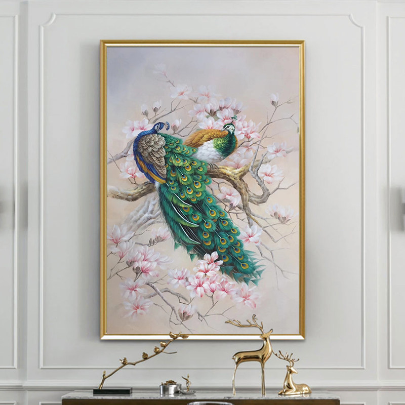 欧式孔雀画手绘油画玄关装饰画客厅走廊过道纯手工竖版背景墙挂画