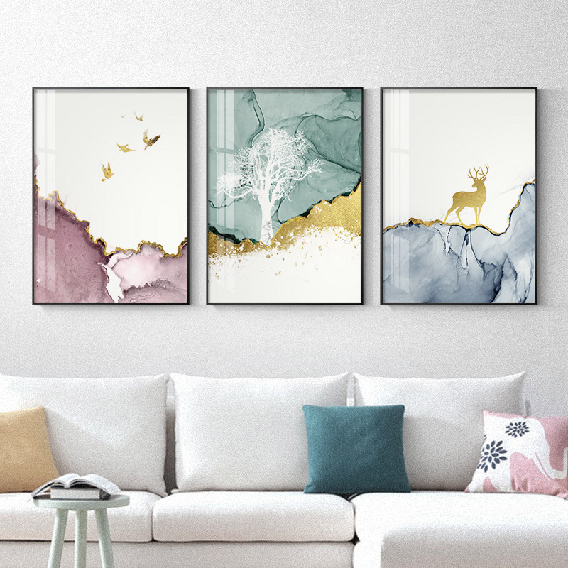 现代北欧客厅沙发后面的背景墙装饰画招财麋鹿抽象大气风格壁挂画