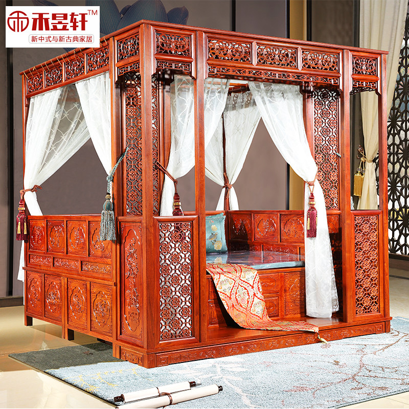 红木拔步床缅甸花梨木明清古典架子床老式仿古踏步床大果紫檀东阳