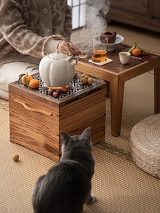 胡桃木围炉茶桌炭火铁盆茶台桌子泡茶桌冬日一体烤炉茶盘煮茶日式