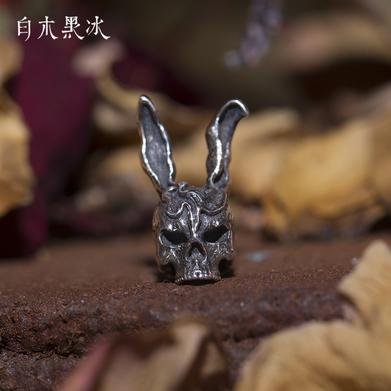 白木黑冰原创设计925银小兔男骷髅头个性嘻哈兔子夸张耳钉潮情侣