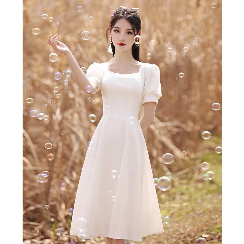 白色小晚礼服女法式连衣裙小众轻奢洋装小个子平时可穿夏领证白裙
