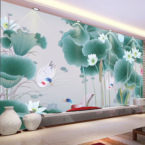 鸳鸯戏水客厅卧室电视背景墙壁纸新中式荷花影视墙纸壁画装饰墙布