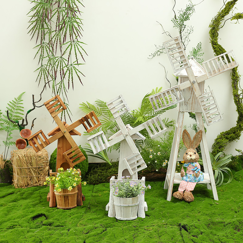 实木风车摆件微景观花园庭院装饰创意