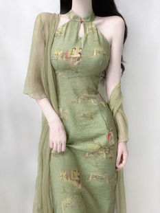 新中式国风复古改良旗袍印花无袖修身连衣裙收腰包臀长裙防晒外套