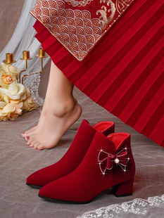 冬季婚鞋女2024新款粗跟结婚新娘鞋靴子中式秀禾服红色高跟鞋短靴