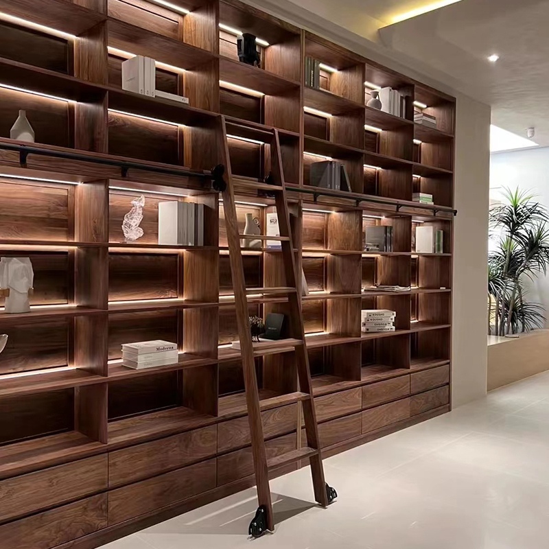 黑胡桃满墙书架带灯日式实木格子架一体落地整体书橱柜定制—组合书柜