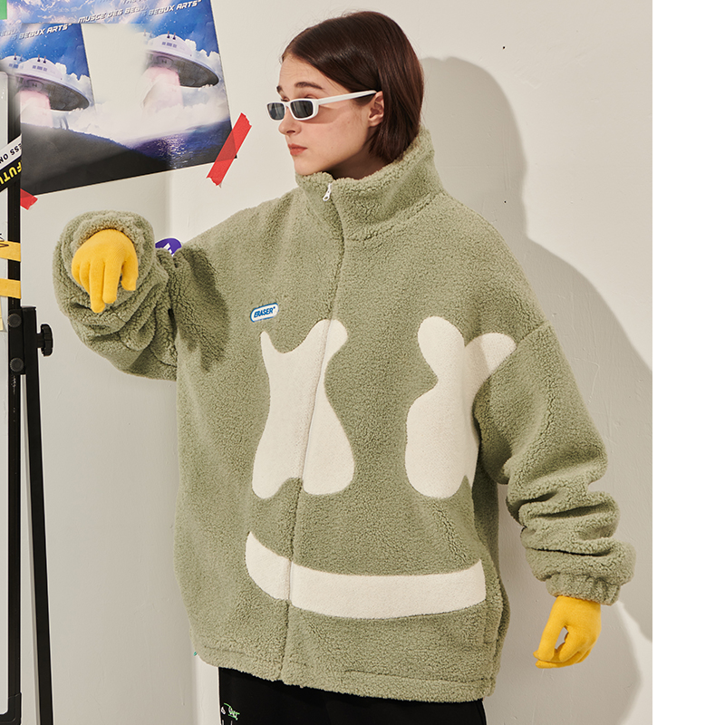 er笑脸羊羔毛外套2021新款宽松国潮情侣装羊羔绒棉服男潮牌棉衣冬