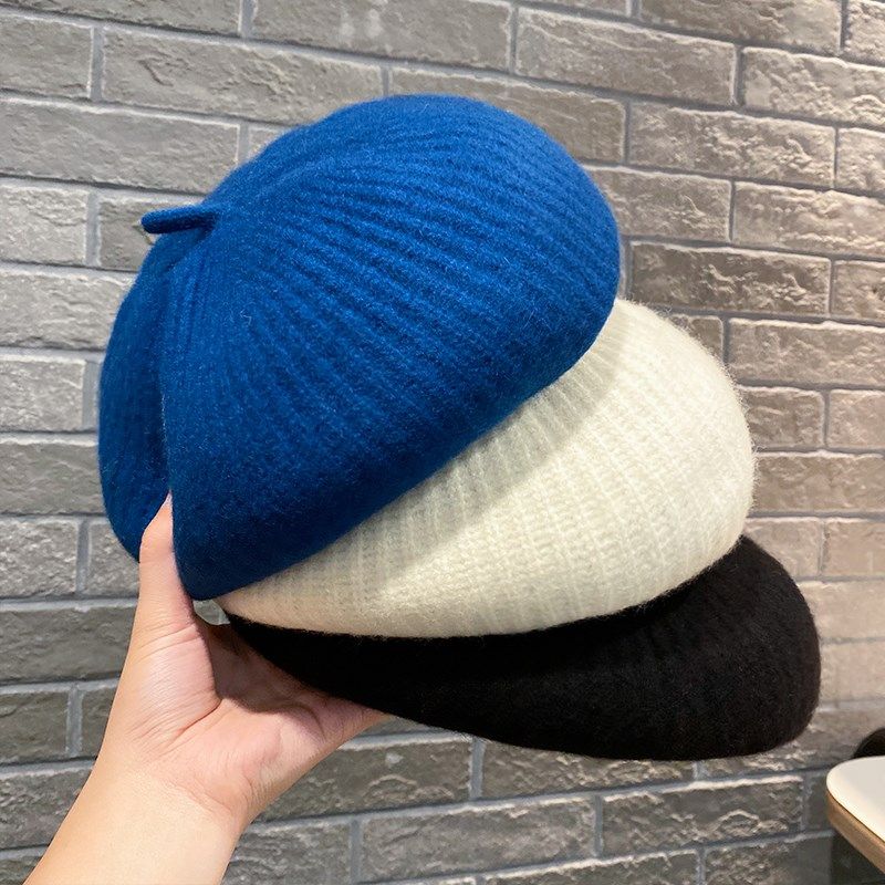 白蓝色针织贝雷帽女秋冬复古洋气百搭保暖画家帽克莱因蓝蓓蕾帽—帽子