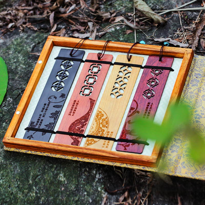 竹菊书签四件套精致镂空窗棂来图定制logo刻字礼盒装文创纪念礼品产品