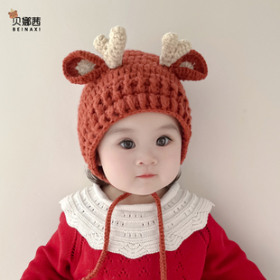 帽子冬婴儿毛线帽护耳可爱婴幼儿男宝宝女孩加厚保暖针织小孩帽子