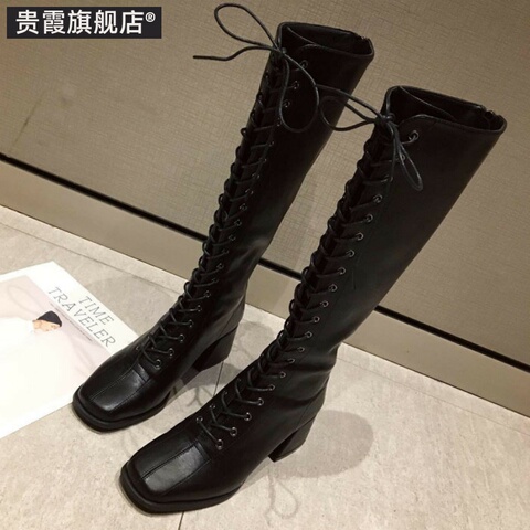 绑带马靴长靴女2019秋冬新款平跟高筒靴瘦瘦靴女及膝靴系带皮靴