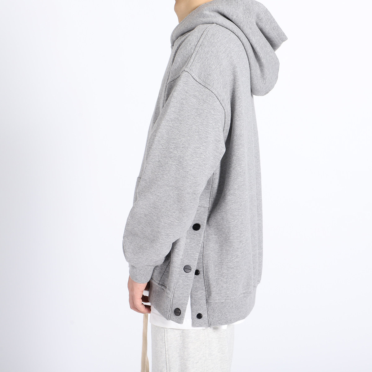 gangurru高街侧边排扣开叉连帽卫衣男女休闲纯色套头帽衫潮bf薄绒